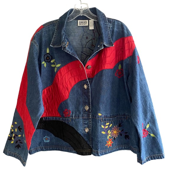 Chico's Jackets & Blazers - CHICO'S DESIGN Women's Size 3 Jean Jacket Boho Embroidered Flowers Festival